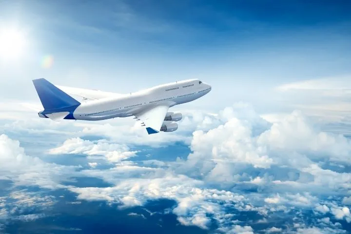 空を飛ぶ飛行機の画像