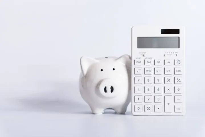 白い豚の貯金箱と電卓の画像