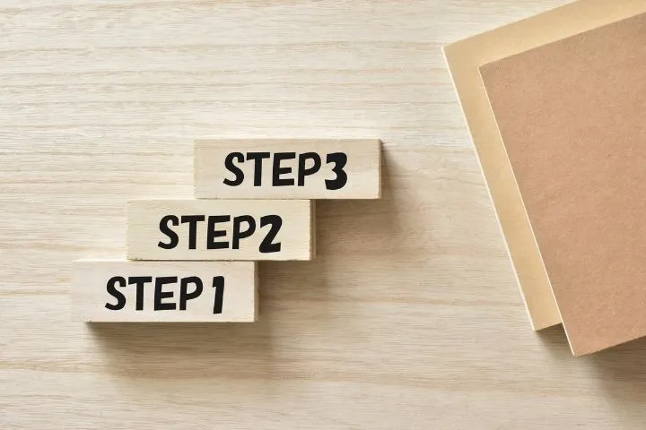3STEPの積み木とノートのイメージ