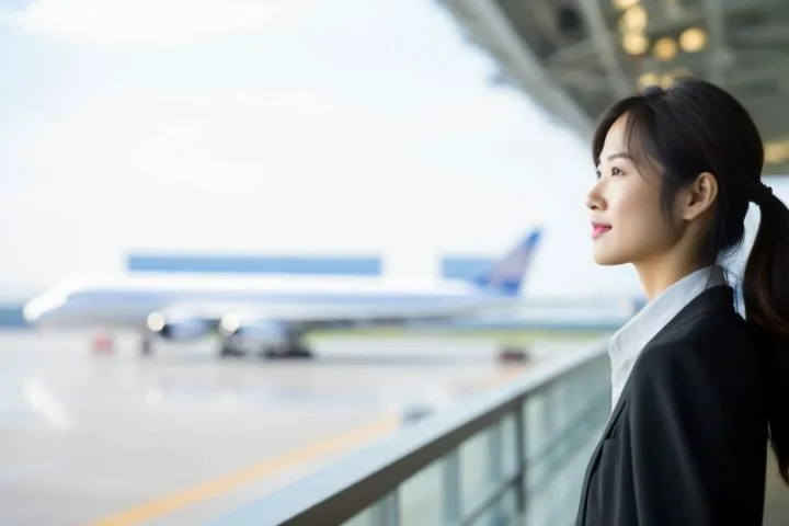 空港の景色を眺めるビジネスウーマンのイメージ
