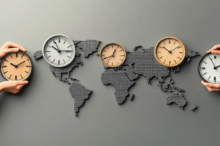 地図の上に時計を持った手が描かれており、世界のタイムゾーンと時間管理を象徴している画像