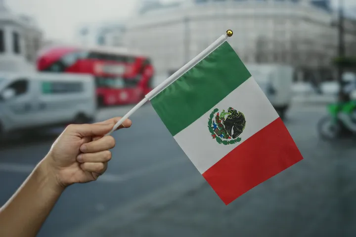 道路でメキシコの旗を持つ手の画像