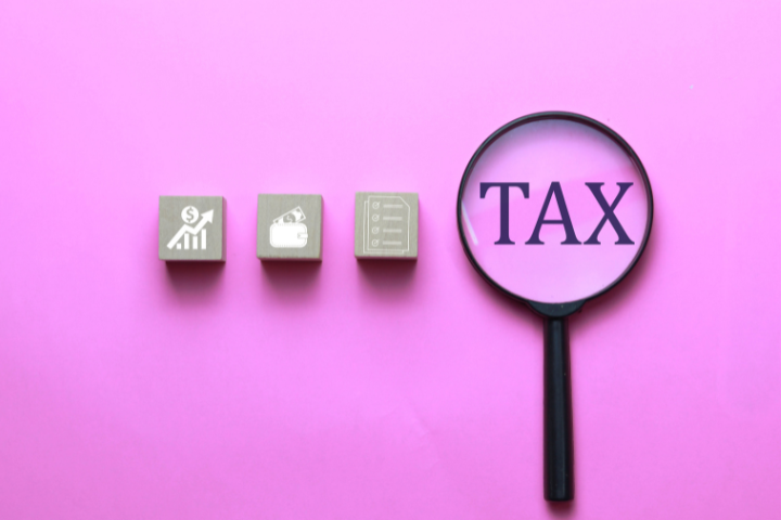 絵柄のブロックとTAXの文字の上に虫眼鏡が乗っているイメージ