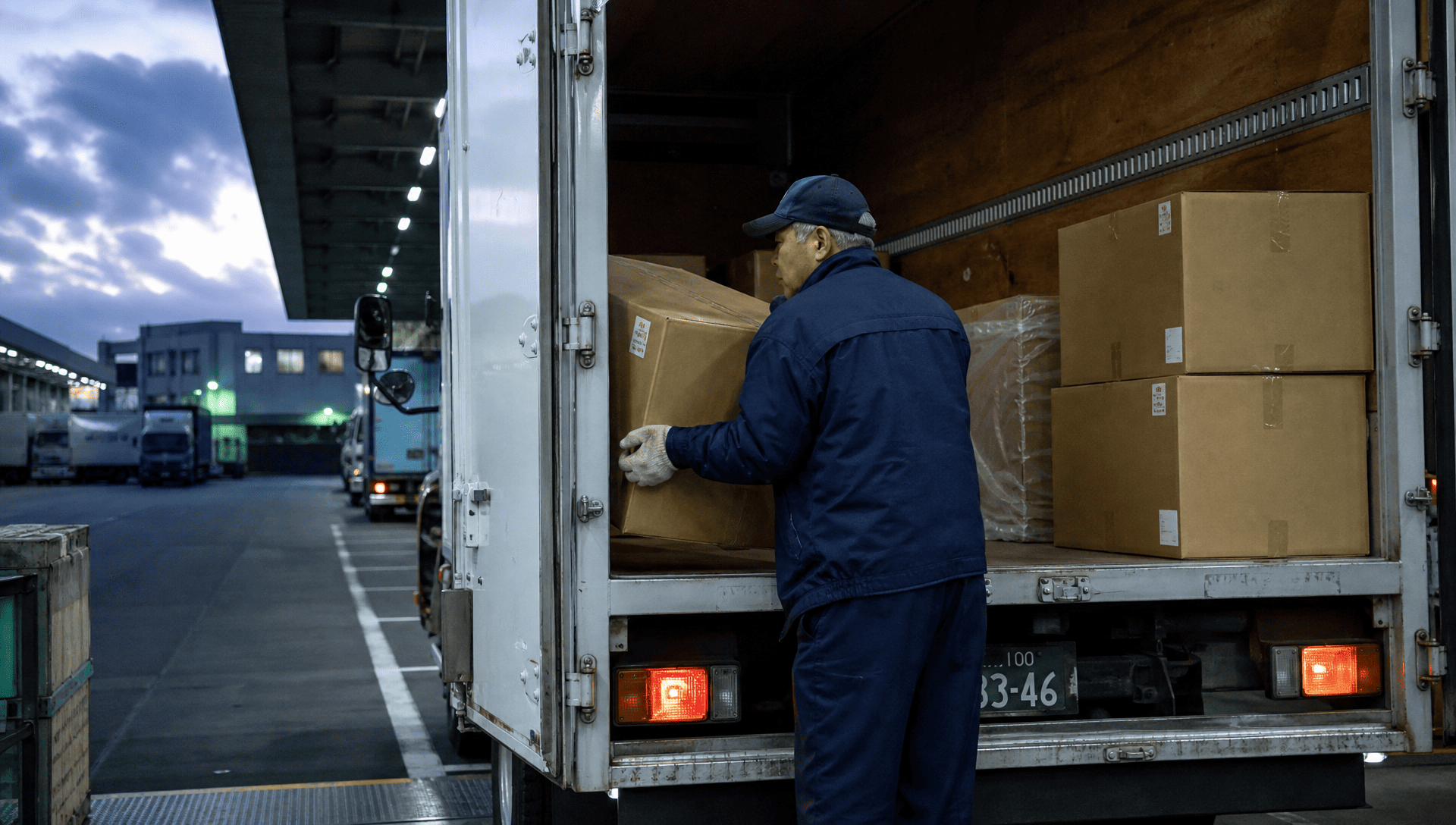 トラックに荷物を載せる作業員男性の画像