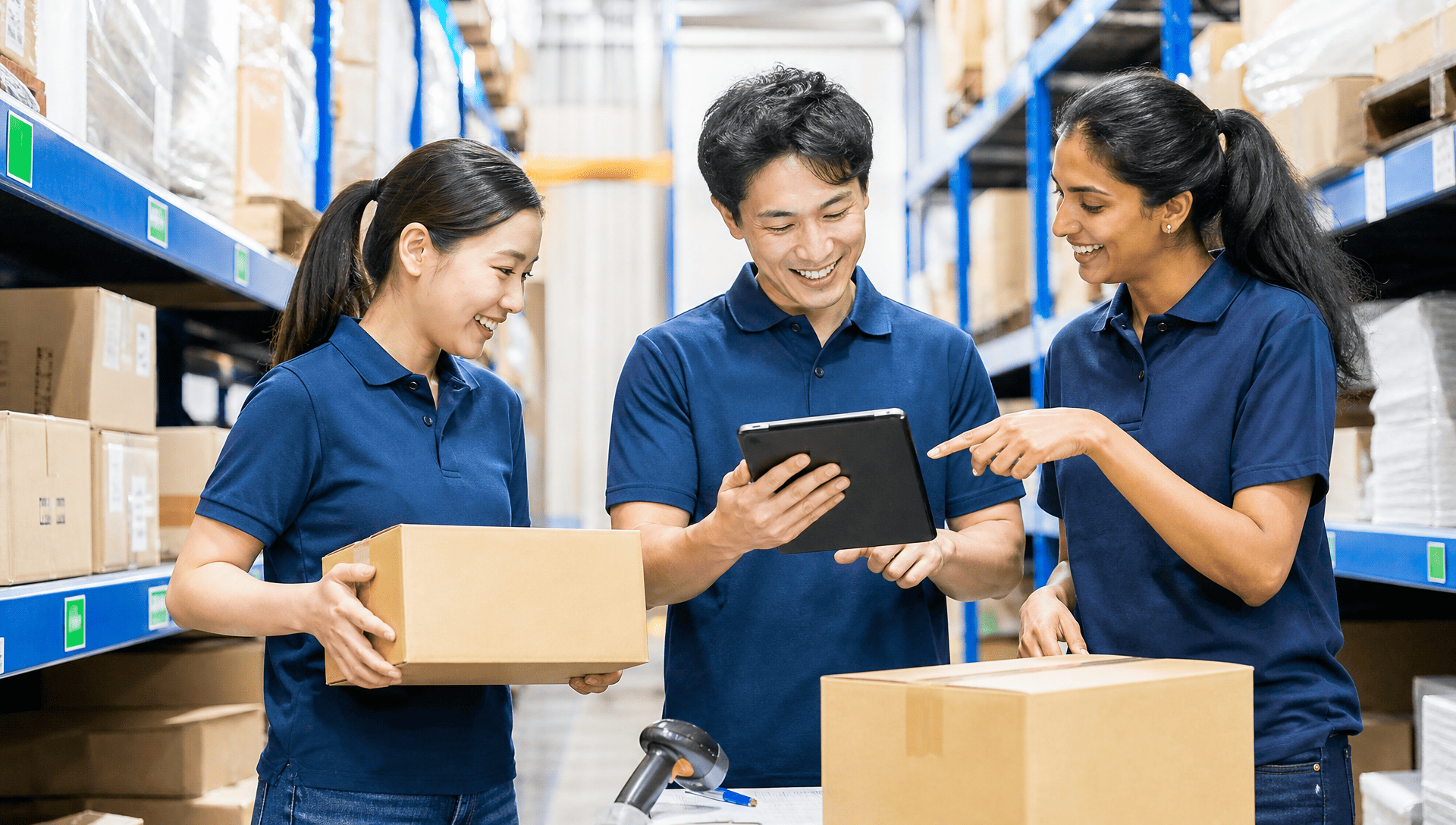 外国人と働く物流会社の人々の画像
