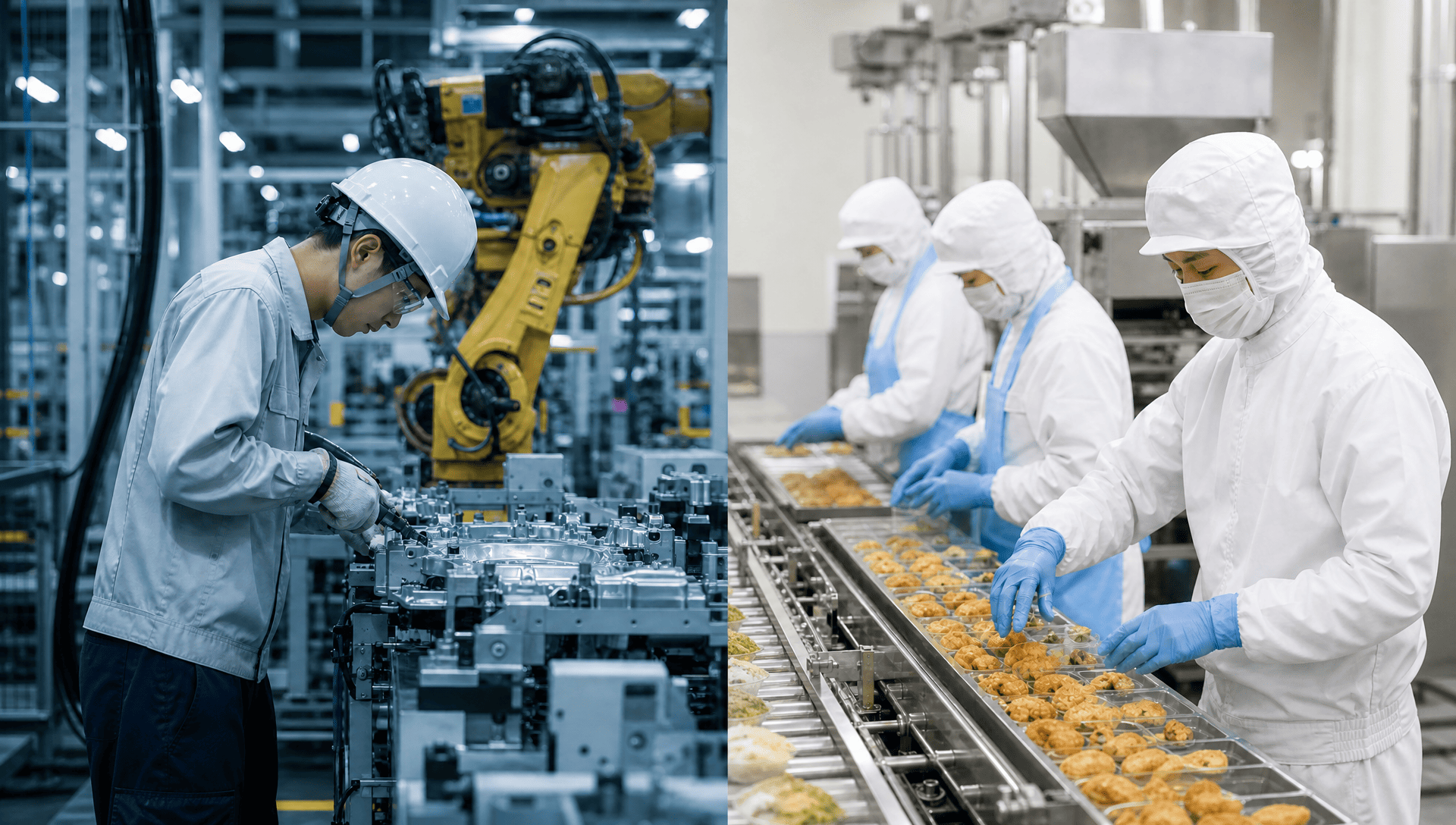 2つに大別されている特定技能の製造業、「工業製品製造業分野」と「飲食料品製造業分野」のイメージ