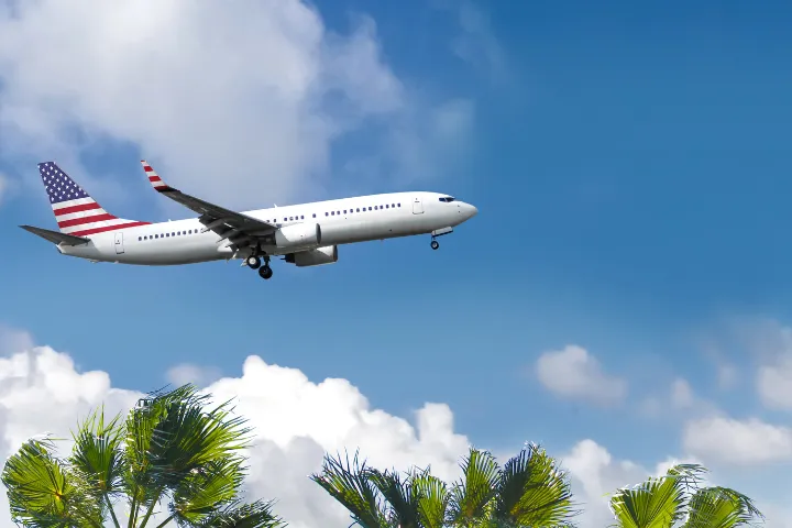アメリカ国旗が描かれた飛行機が空を飛んでいる画像