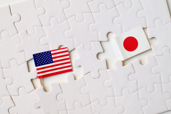 パズルのピースの中にある日本とアメリカの国旗のイメージ