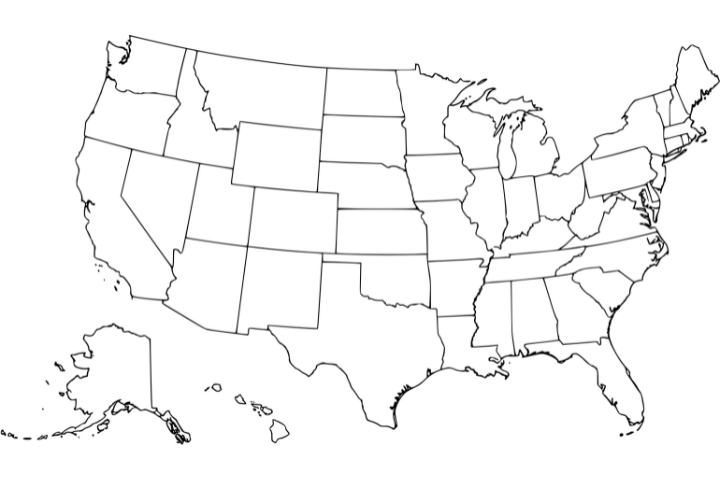 アメリカ合衆国の白地図：州の輪郭のみ表示