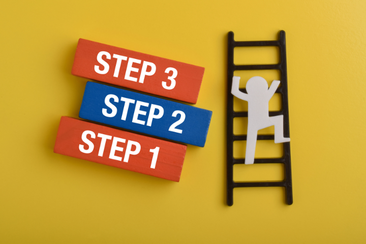 STEPと書かれた3つのブロックとはしごを上る人形の画像